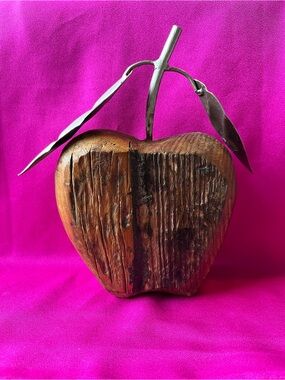 Hand-Carved Wooden Apple Sculpture with Metal Stem and Leaves - Brown 1980s